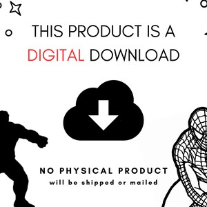 Op de afbeelding: Een digitale downloadafbeelding met de tekst "THIS PRODUCT IS A DIGITAL DOWNLOAD" in zwart en rood. De afbeelding bevat een zwarte wolk met een pijl naar beneden en silhouetten van een superheld en Spider-Man.