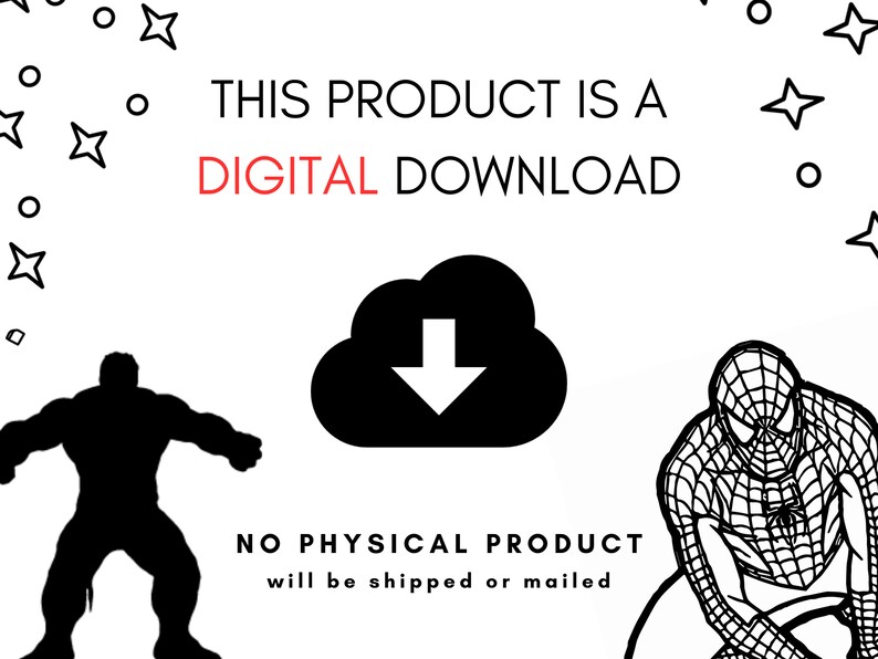 Op de afbeelding: Een digitale downloadafbeelding met de tekst "THIS PRODUCT IS A DIGITAL DOWNLOAD" in zwart en rood. De afbeelding bevat een zwarte wolk met een pijl naar beneden en silhouetten van een superheld en Spider-Man.