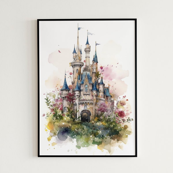 Floral Disneyland Magic Kingdom Art Print - Nursery Wall Art, Magic Kingdom Watercolor Painting, Princess Castle, Printable Castle Painting