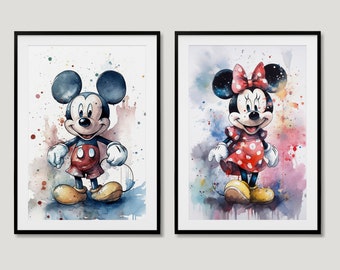 Mickey Mouse and Minne Mouse Watercolor Print - 2 Prints Included - Perfect for nursery decor or bringing your favorite characters to life!