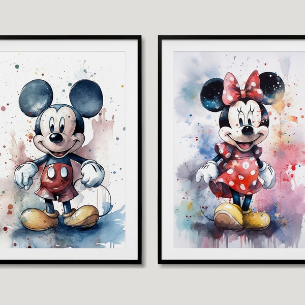 Impression aquarelle Mickey Mouse et Minne Mouse - 2 impressions incluses - Parfait pour une décoration de chambre d'enfant ou pour donner vie à vos personnages préférés !