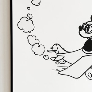 May include: Black and white illustration of a cartoon character flying a plane. The character is wearing goggles and a hat. The plane is leaving a trail of smoke behind it. The quote "It's fun to do the impossible" is written below the image.
