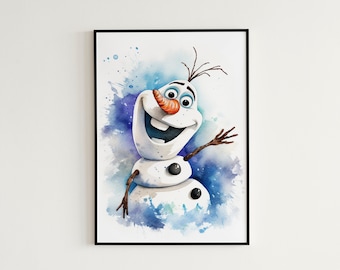 Olaf acuarela impresión - arte de la pared congelada, decoración de la habitación de los niños congelados, pintura de acuarela de Olaf, pintura de Olaf congelado - Descarga instantánea