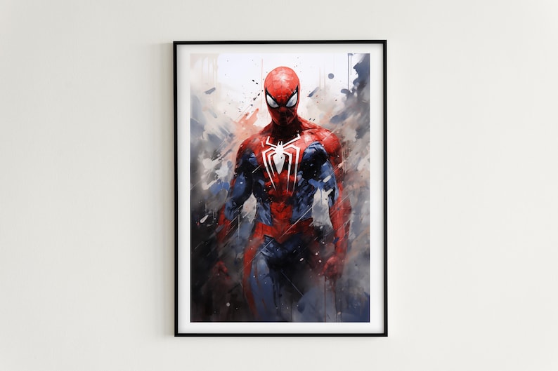 Op de afbeelding: Ingelijste kunstprint met een illustratie van Spider-Man in aquarel. De superheld draagt zijn iconische rood-blauwe pak met een wit spinnenembleem op de borst. Het kunstwerk heeft een dynamische pose, met een zwart frame.