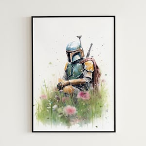 Star Wars Boba Fett Watercolor Digital Art Print - Boba Fett Floral Aesthetic Wall Art, Minimal Boba Fett Room Decor, Gaming Room Wall Art