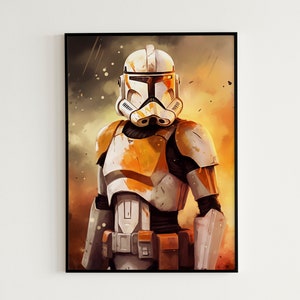 May include: A white and orange Star Wars clone trooper with a battle-damaged helmet stands against a fiery orange and yellow background.