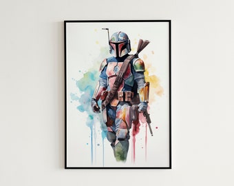 Star Wars The Mandalorian Minimal Watercolor Art Print - Kids Wall Art, Star Wars Poster, Digital Art Print, Mandalorian Room Decor