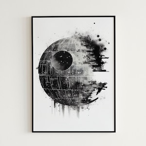 May include: Black and white watercolour painting of the Death Star from Star Wars. The Death Star is partially obscured by black watercolour splatters.