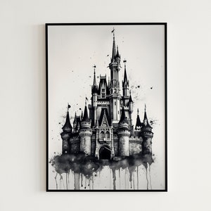 Disneyworld Magic Kingdom Black And White Digital Art Print - Magic Castle Watercolor Painting Princess Castle Printable Kids Gift Wall Art