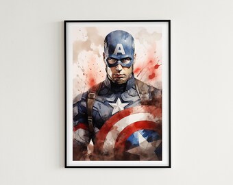 Captain America Watercolor Portrait - Digital Print Bundle - Instant Download - 7 Images Included - Marvel Universe Wall Art