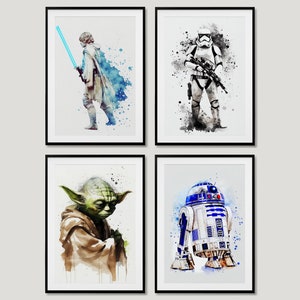 May include: A set of four framed watercolour prints featuring characters from Star Wars. The prints depict Luke Skywalker, Darth Vader, Yoda, and R2-D2.