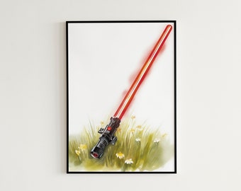 Peinture florale sabre laser rouge - impression numérique affiche florale Star Wars, art mural Star Wars, peinture sabre laser rouge, impression florale Star Wars