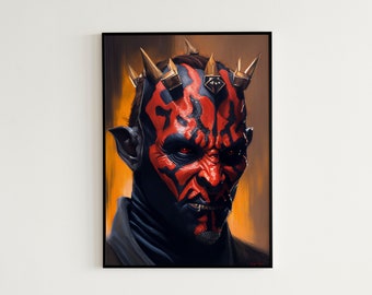 May include: A close-up portrait of Darth Maul, a fictional character from the Star Wars franchise. He has red and black face paint, a horned headdress, and a menacing expression.