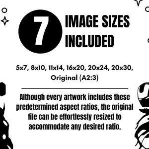Op de afbeelding: Zwart-witte afbeelding met het nummer 7 in een zwarte cirkel en de tekst "AFBEELDING GROOTTES INBEGREPEN". Hieronder staan ​​afbeeldingsformaten: 5x7, 8x10, 11x14, 16x20, 20x24, 20x30 en Origineel (A2:3).