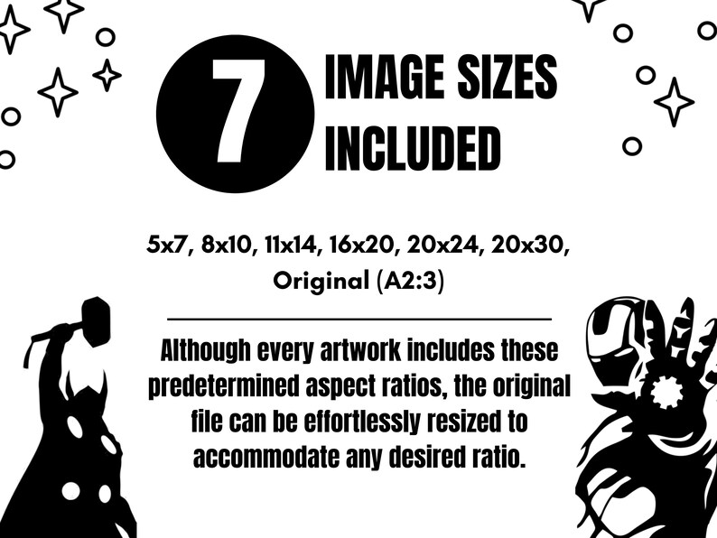 Op de afbeelding: Zwart-witte afbeelding met het nummer 7 in een zwarte cirkel en de tekst "AFBEELDING GROOTTES INBEGREPEN". Hieronder staan ​​afbeeldingsformaten: 5x7, 8x10, 11x14, 16x20, 20x24, 20x30 en Origineel (A2:3).