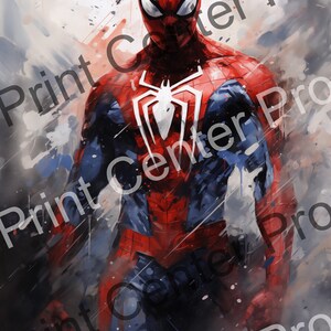 Op de afbeelding: Een dynamisch schilderij van Spider-Man in zijn iconische rood-blauwe pak. Het kunstwerk toont een wit spinnenembleem op de borst en een gedetailleerd masker. De achtergrond heeft abstracte verfspatten, wat het actievolle gevoel versterkt.