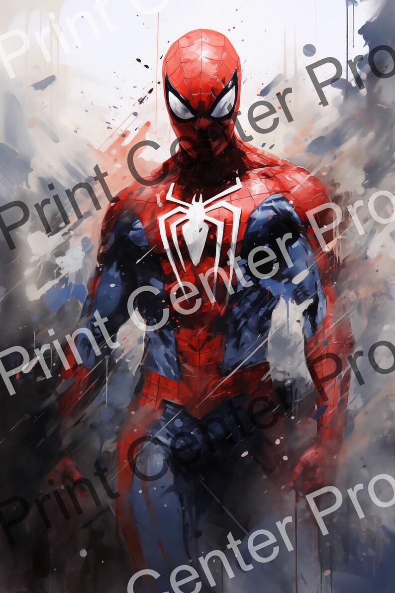 Op de afbeelding: Een dynamisch schilderij van Spider-Man in zijn iconische rood-blauwe pak. Het kunstwerk toont een wit spinnenembleem op de borst en een gedetailleerd masker. De achtergrond heeft abstracte verfspatten, wat het actievolle gevoel versterkt.