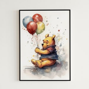 Winnie the Pooh Watercolor Print: High-Quality Digital Art for Nursery and Children&#39;s Rooms, Winnie The Pooh Holding Balloons Painting