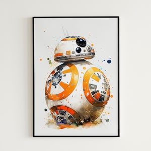 May include: Watercolor painting of the Star Wars droid BB-8. The artwork features a white and orange color scheme with black accents. The droid is depicted in a dynamic pose, with paint splatters adding to the artistic effect. The image is framed in a black border.