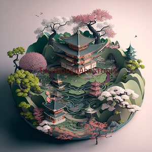 Puede incluir: Un paisaje japonés en miniatura con varias pagodas y templos rodeados de exuberante vegetación y cerezos en flor. La escena está ambientada en una isla circular con el texto "Tiny World Art Studio" visible.