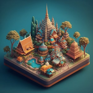 Puede incluir: Un modelo 3D en miniatura de un complejo de templos tailandeses con detalles intrincados, que incluye una aguja central, varios edificios y árboles circundantes. El modelo se coloca sobre una base en capas con un fondo azul.