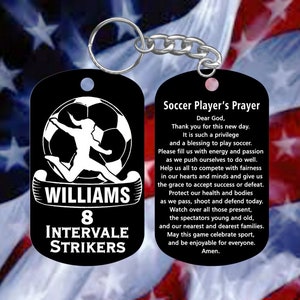 Soccer Player Gift - Dog Tag Keychain - Personalized Name, Team & Number - Women