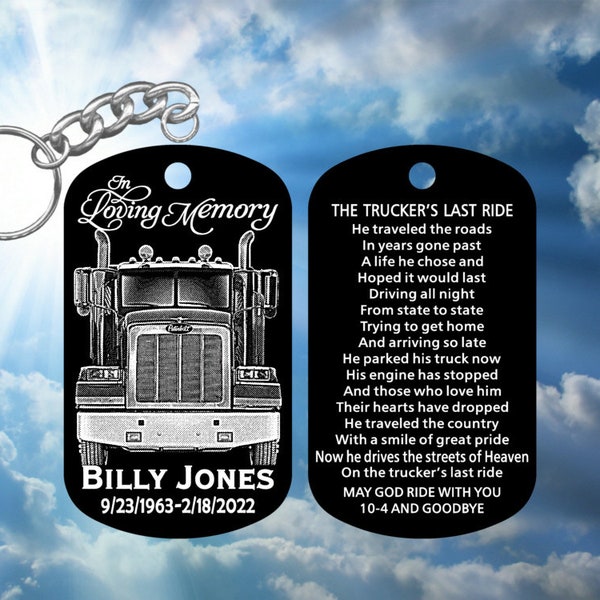 Peterbilt Truck Driver In Loving Memory Keychain with The Trucker's Last Ride Prayer  Personalized