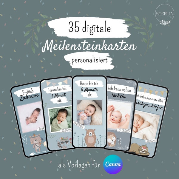 digital customizable 35 milestone cards | boys | Memory cards | Monthly cards | Baby shower gift | to birth | Template