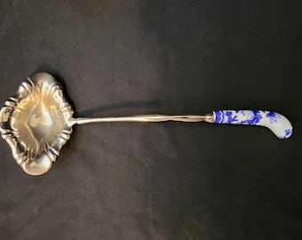 Vintage Punch Bowl Ladle with Cobalt Blue and White Handle Double Spout B19