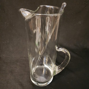 Vintage Hand Blown Glass Martini Cocktail Pitcher w/ Glass Stir Stick Ice Lip