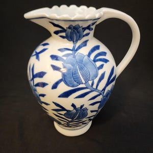 Vintage White Cobalt Blue Flowers Hand Painted Ceramic 10” Porcelain Pitcher