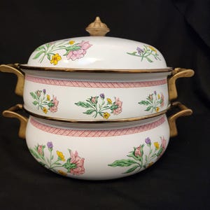 Vintage Lincoware Floral Enameled 2 Pot Set Dutch Oven Brass Handles w/Dome Lid