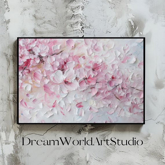 Cherry Blossom Sakura Art, Textured Acrylic Painting, Japanese Wall Decor, Large Digital Print, Stock Photos.
