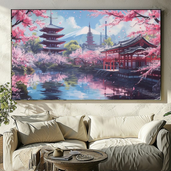 Cherry Blossom Impasto Painting, Japanese Sakura Wall Art, Textured Kyoto Art, Large Botanical Decor.