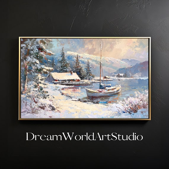 Winter Landscape Oil Painting, Impressionist Coastal Wall Art, Downloadable Home Decor, Landscape Stock Images.