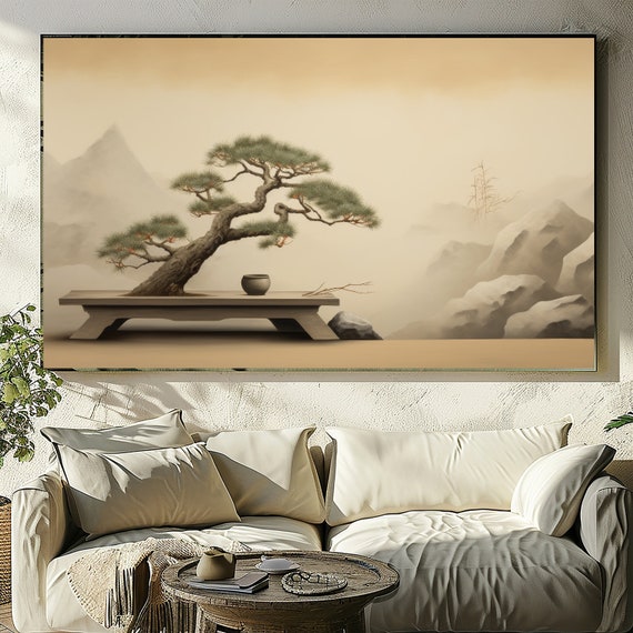 Bonsai Tree Digital Print - Japanese Art, Textured Wall Art, 3D, Abstract, Acrylic Impasto Painting.