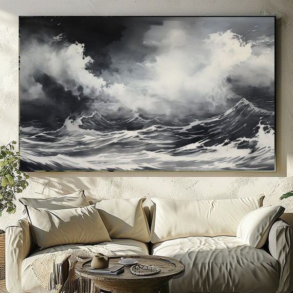Ocean Art Thunderstorm Painting - Seascape, Nature & Modern Wall Art, Oil Canvas Print, Downloadable.