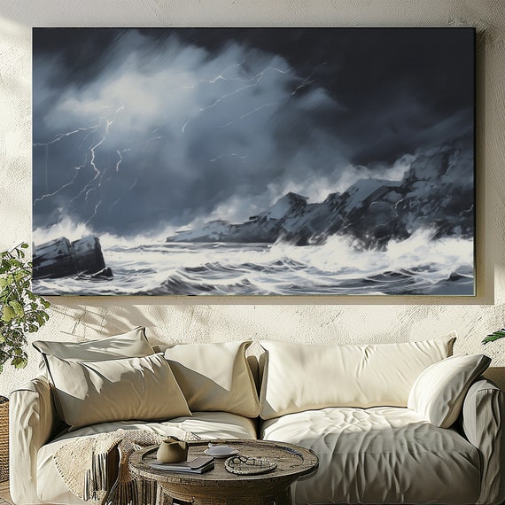 Thunderstorm Painting & Ocean Art - Seascape, Nature, Modern Wall Art, Oil Canvas Print, Downloadable