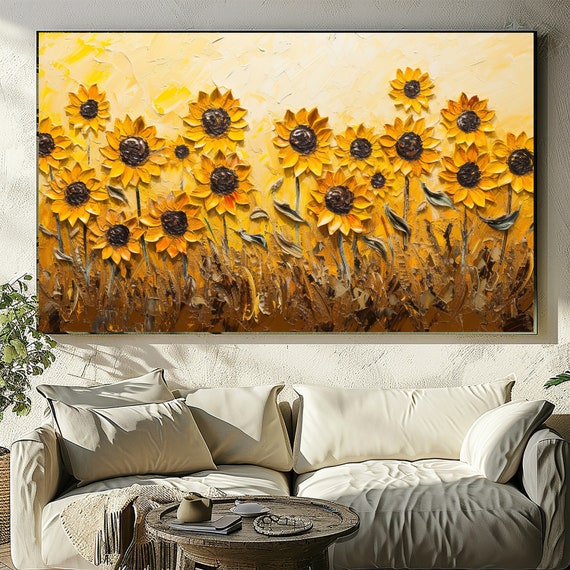 Sunflower Decor, Textured Wall Art, Acrylic Impasto Painting, Botanical Digital Print, Large Home Decor Art.