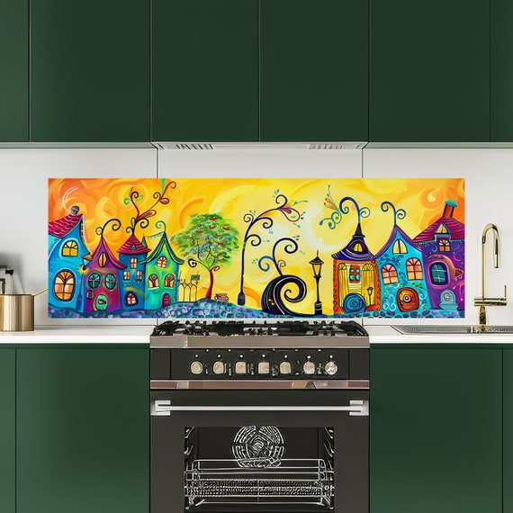 Panoramic Wall Art, Kitchen Backsplash | Whimsical Cityscape, Colorful Buildings, Digital Print