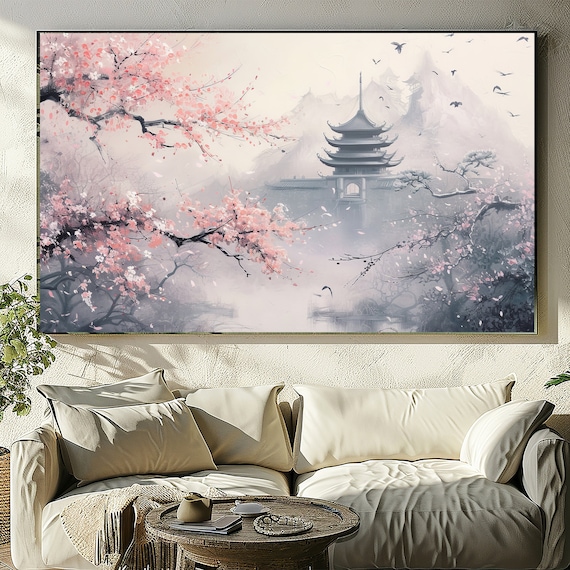 Cherry Blossom Japanese Wall Art, Abstract Oil Painting, Textured Large Wall Art, Print on Demand