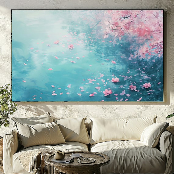 Cherry Blossom Japanese Wall Art, Sakura Blossom Watercolor Painting, Botanical Landscape, Large Wall Decor.