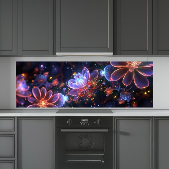 Panoramic Wall Art, Kitchen Backsplash | Magical Fireflies, Night Flowers, Digital Art, Downloadable Prints.