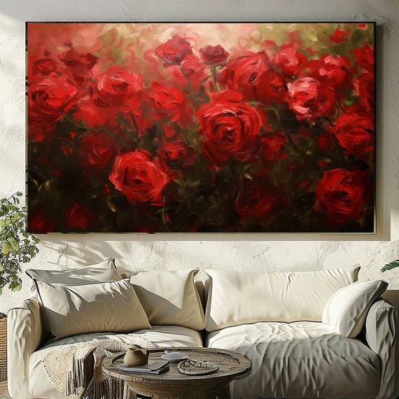 Roses Painting - Impasto Texture, Acrylic Botanical Art, Floral Download, Large Wall Decor.