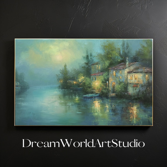 Tranquil Lake Art, Impressionist Oil Painting, Digital Prints, Printable Wall Decor, Large Image for Printing