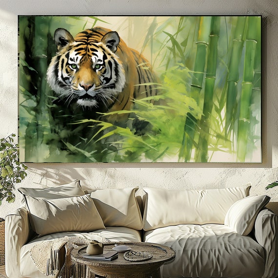 Tiger Art, Japanese Art - Modern Oil Painting, Nature Canvas Print, Botanical & Downloadable Art