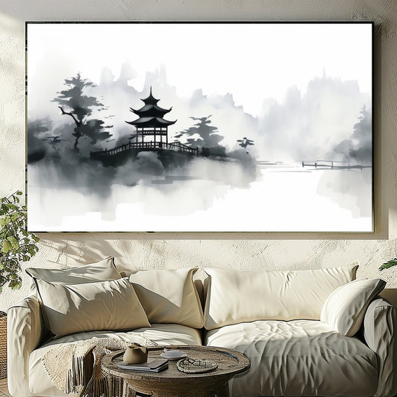 Sumi E Printable Wall Art - Japanese Zen, Abstract Acrylic Mountain, Kyoto Inspired Poster.