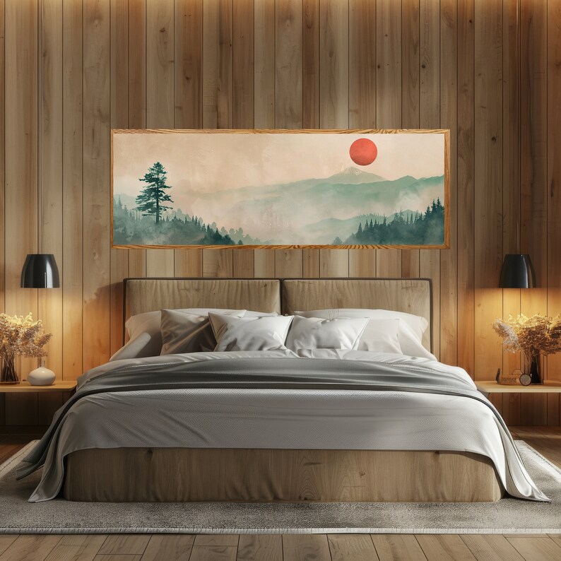 Misty mountain landscape with a red sun, symbolizing Zen tranquility in our Panoramic Wall Art