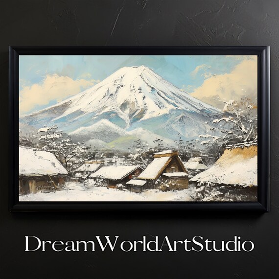 Japanese Art, Canvas print. Textured, Oil, Impasto style. Large Mount Fuji Landscape.