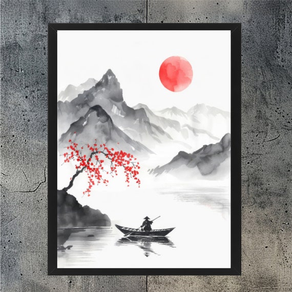 Japanese Art Sumi E Painting - Minimalist Wall Art, Downloadable Prints, Nature Wall Art, Digital Print, Landscape Painting